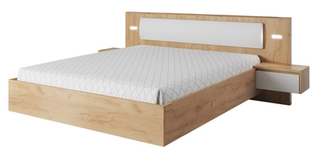 Łóżko Novi 160x200 cm z szafkami nocnymi dąb craft złoty / biały oświetlenie LED częściowo tapicerowany zagłówek