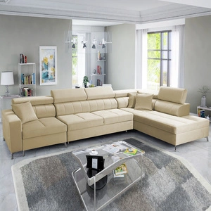 Narożnik z funkcją spania Nausa X beżowy prawostronny narożnik z dwoma pojemnikami na pościel wykonanie z tkaniny typu velvet