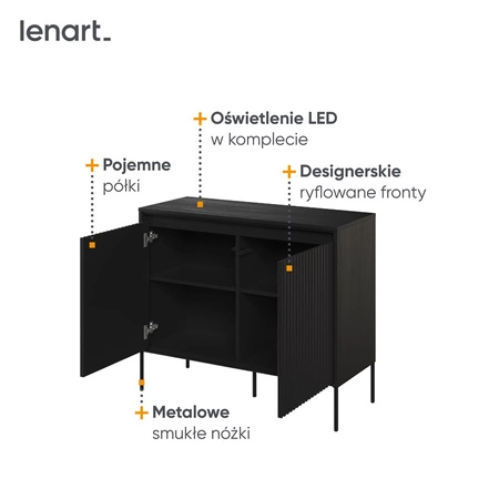 Komoda Trend 98 cm czarna funkcjonalna komoda do salonu o oryginalnym designie ryflowane fronty z subtelnym oświetleniem
