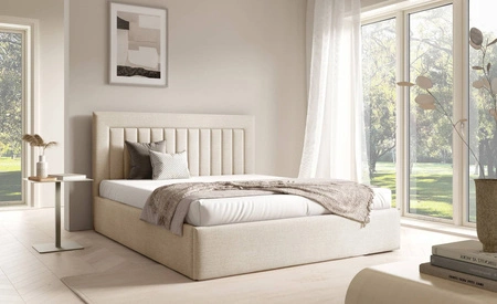 Łóżko tapicerowane Togo 160x200 kremowe eleganckie i funkcjonalne łóżko do sypialni gustowne pionowe przeszycia na wezgłowiu