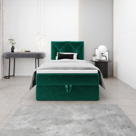 Łóżko kontynentalne Arvada 100x200 butelkowa zieleń w nowoczesnym skandynawskim stylu z tapicerowanym zagłówkiem łóżko z pojemnikiem