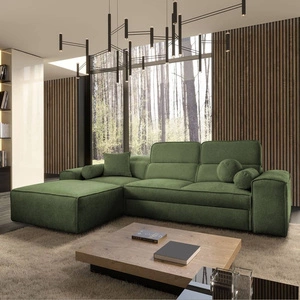 Narożnik z funkcją spania Viano zielony lewostronny stylowy narożnik o ciekawym kształcie regulowane zagłówki ozdobne poduszki