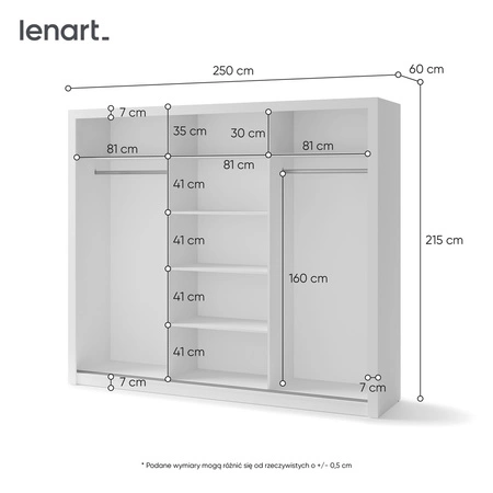 Szafa przesuwna z lustrem Idea 250 cm biała estetycznie wykonana szafa do sypialni lub pokoju młodzieżowego srebrne uchwyty
