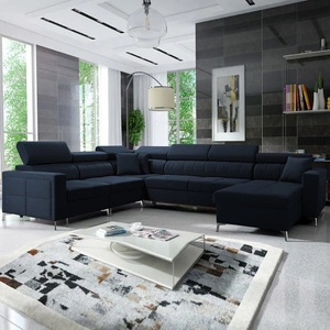 Narożnik z funkcją spania Nausa VII granatowy prawostronny elegancki narożnik do salonu wykonany z miękkiej tkaniny typu velvet