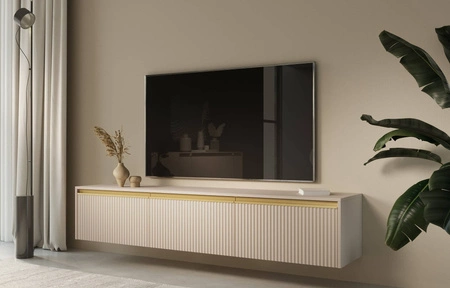 Szafka RTV Imperial 180 cm beżowa z możliwością podwieszenia stylowe frezowane fronty ozdobione ciekawymi uchwytami