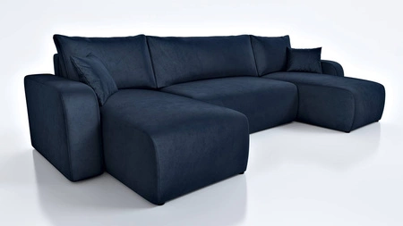 Narożnik z funkcją spania Fiesta U granatowy stylowy narożnik o ciekawym kształcie wytrzymała pluszowa tkanina pojemnik na pościel