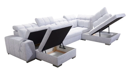 Narożnik z funkcją spania Luigi VI jasny beż lewostronny stylowy narożnik rozkładany z pojemnikami na pościel pokryty miękką tkaniną