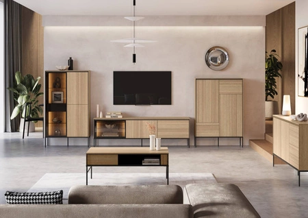 Komoda wysoka Visso 98 cm dąb linearny wyjątkowy subtelny design doskonała komoda do salonu sypialni lub biura system push to open