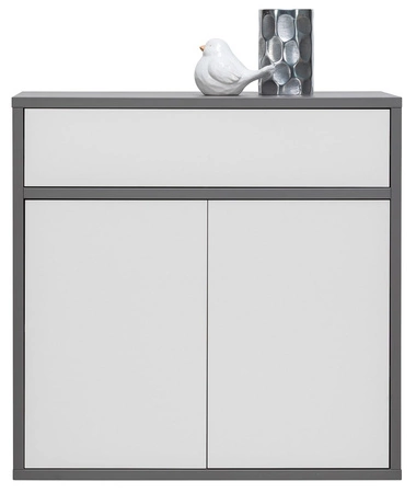 Zestaw mebli do salonu Yugo w kolorze szary popiel / biały połysk asymetryczne bryły tworzące nowoczesne i funkcjonalne aranżacje