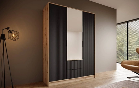 Szafa z lustrem Norel 150 cm dąb artisan / czarny stylowa szafa o nowoczesnym designie z ryflowanymi frontami i pojemnymi szufladami