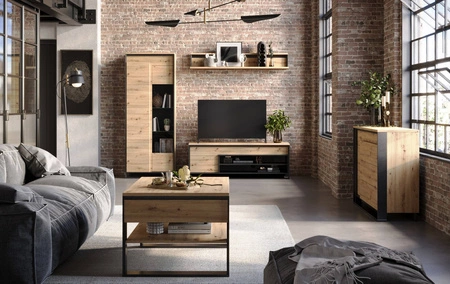 Zestaw mebli Quant dąb artisan / czarny designerska meblościanka w stylu loftowym oświetlenie LED trójwymiarowy charakter frontów