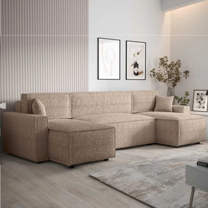 Narożnik z funkcją spania Brandon U Bis beżowy pojemnik na pościel podłokietniki tkanina o charakterystycznej pętelkowej powierzchni