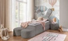 Łóżko kontynentalne Beti Plus 100x200 siwe uroczy unikatowy zagłówek w kształcie króliczka łózko z szafkami nocnymi i pufami