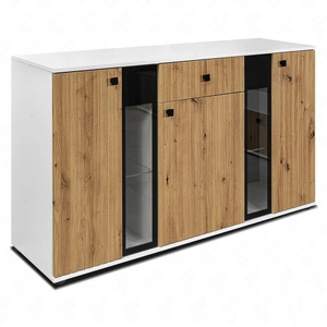 Komoda z szufladą Senja 140 cm biała / dąb artisan elegancki design ozdobny ryflowany front z metalowym uchwytem