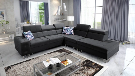 Narożnik z funkcją spania Hampton IX czarny prawostronny stylowy i nowoczesny design narożnika idealny mebel do każdej aranżacji
