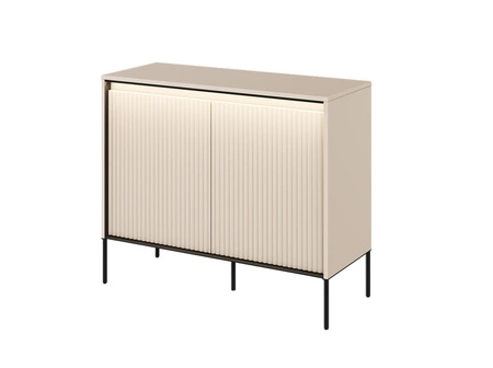 Komoda Trend 98 cm beżowa funkcjonalna komoda do salonu o oryginalnym designie ryflowane fronty z subtelnym oświetleniem