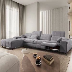 Narożnik z funkcją spania Penejos XII Lux jasny szary lewostronny stylowy narożnik rozkładany z komfortowym wysuwanym podnóżkiem