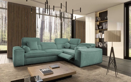 Narożnik z funkcją spania Viano II Lux patynowy prawostronny designerski narożnik do salonu z komfortowym wysuwanym podnóżkiem