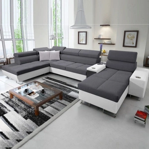 Narożnik z funkcją spania Dafni V grafitowo biały prawostronny pleciony wygodny i komfortowy narożnik z regulowanymi zagłówkami