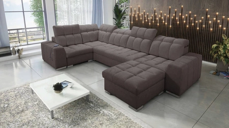 Narożnik z funkcją spania Luigi IV brązowy prawostronny elegancki narożnik do salonu wykonany z miękkiej tkaniny typu velvet