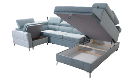 Narożnik z funkcją spania Rava V grafitowy prawostronny komfortowy narożnik z pojemnikami na pościel oraz wielofunkcyjną lampką