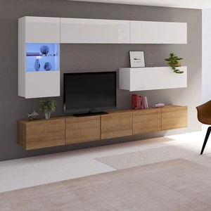 Meblościanka Apulia IV biały połysk / dąb złoty wyjątkowo stylowa meblościanka proste bryły wpisujące się w każde wnętrze