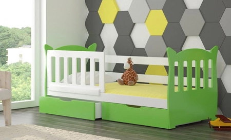 Łóżko Lena 75x160 cm zielony / biały komfortowe łóżko z materacem do pokoju dziecięcego wyposażone w barierkę ochronną i szuflady