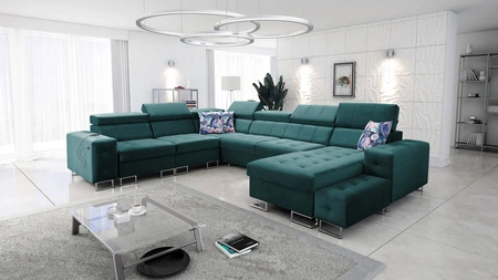 Narożnik z funkcją spania Hampton VIII morski prawostronny nowoczesny design narożnik rozkładany do salonu funkcjonalna dostawka