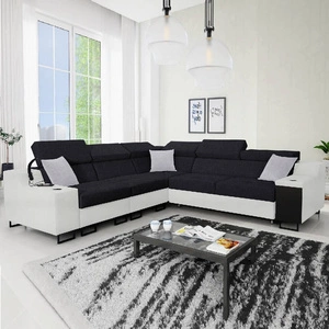 Narożnik z funkcją spania Alcamo III czarny / biały lewostronny funkcjonalny narożnik z szufladą w boczku dwa pojemniki na pościel