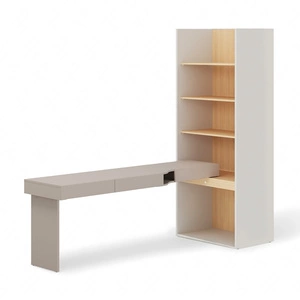 Biurko z regałem Woow 253 cm clay grey / szampański / dąb vincenza bielona lewe ergonomiczne biurko z szufladami oświetlenie LED