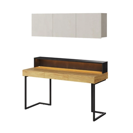Biurko z nadstawką i szafką wiszącą Teen Flex 150 cm hikora naturalna / silk flou / raw steel nowoczesny design i duża funkcjonalność