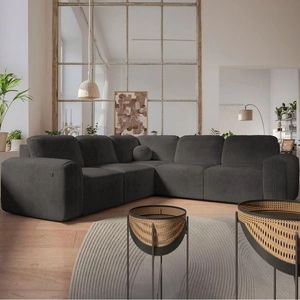 Narożnik z funkcją spania Arbon III grafitowy lewostronny wyjątkowo stylowy narożnik z pojemnikiem na pościel unikalny obły kształt