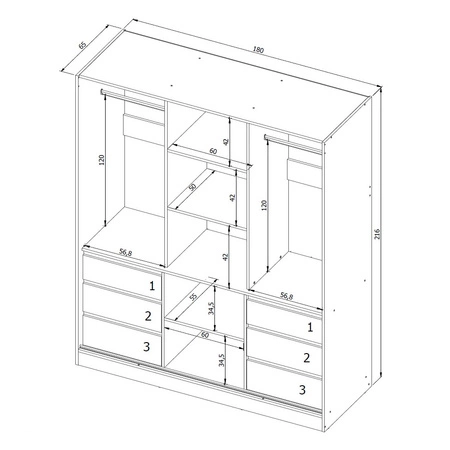 Szafa przesuwna z lustrem Haidar 180 cm dąb lefkas / czarny funkcjonalna szafa z szufladami doskonała do mniejszych pomieszczeń