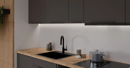 Zestaw mebli kuchennych Aversa Ant 300 cm stylowe szafki kuchenne z frontami wykonanymi w technologii anti fingerprint metalowe uchwyty