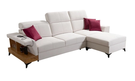 Narożnik z funkcją spania Bresso grafitowy / biały prawostronny narożnik z praktyczną półką w kolorze czarnym regulowane zagłówki