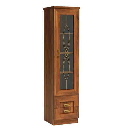 Witryna Tade 46 cm dąb stuletni elegancki styl witryna z szufladami ozdobina subtelnymi ornamentami na szklanym froncie idealna do salonu