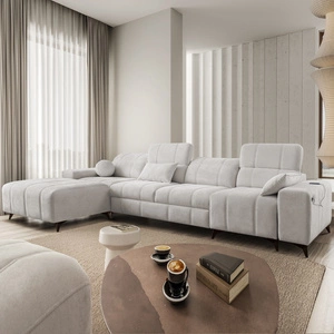 Narożnik z funkcją spania Penejos XII szary popiel lewostronny stylowy narożnik z pojemnikami na pościel komfortowe regulowane zagłówki