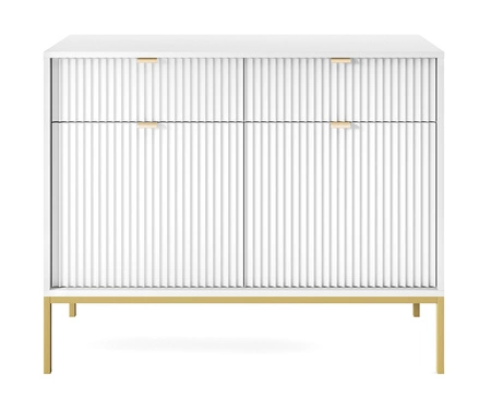 Komoda z szufladami Lovro 104 cm biała nowoczesny design zachwyci miłośników wyrazistych wnętrz komoda wzbogacona o złote dodatki