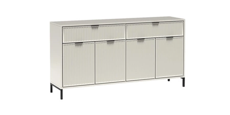 Komoda z szufladami Linka 165 cm beżowa elegancki design geometrczny kształt bryły osadzony na metalowych nogach gustowny ryflowany front