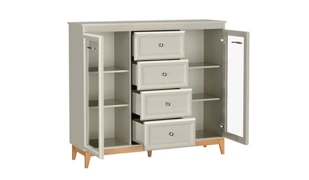 Komoda z szufladami Windsor 142 cm beżowy / dąb niezwykle elegancka komoda z przeszkleniem doskonała propozycja do jadalni i salonu