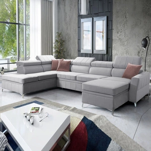 Narożnik z funkcją spania Rava VI szary popiel prawostronny praktyczny i nowoczesny narożnik wyposażony w wielofunkcyjną lampkę