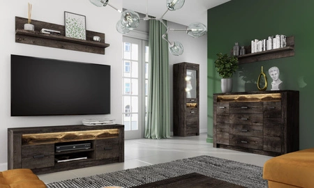 Komoda z szufladami Indiana 137 cm jesion ciemny elegancka stylistyka komody ozdobna deska na froncie komody oświetlona LED