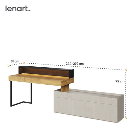 Biurko z szafką Teen Flex 244 cm / 279 cm hikora naturalna / silk flou / raw steel funkcjonalne biurko możliwość narożnego montażu