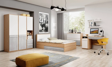 Komoda wysoka Plano 90 cm dąb nash / biały / beton nowoczesna komoda z szufladą i półką funkcjonalny układ szafki solidne wykonanie