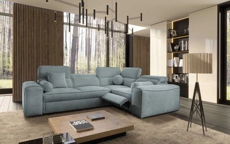 Narożnik z funkcją spania Viano II Lux szary błękit prawostronny designerski narożnik do salonu z komfortowym wysuwanym podnóżkiem