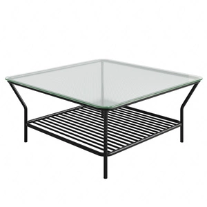 Stolik ogrodowy Teneryfa 92x92 cm czarny nowoczesny design stolik z dodatkową półką poniżej blatu dekoracyjne szkło na blacie