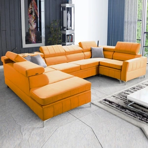 Narożnik z funkcją spania Rava V żółty lewostronny komfortowy narożnik z pojemnikami na pościel oraz wielofunkcyjną lampką