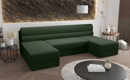 Narożnik z funkcją spania Fogu U zielony komfortowy i stylowy narożnik o prostym designie sztruksowa tkanina pojemnik na pościel