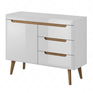 Komoda z szufladami Atka 107 cm biała / biały połysk / dąb riviera nowoczesny design mebla obrzeża komody wykończone specjalną okleiną ABS