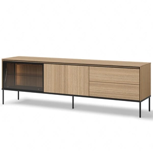 Szafka RTV Visso 197 cm dąb linearny nowoczesna szafka z oświetleniem LED praktyczne drzwi otwierane do dołu system push to open